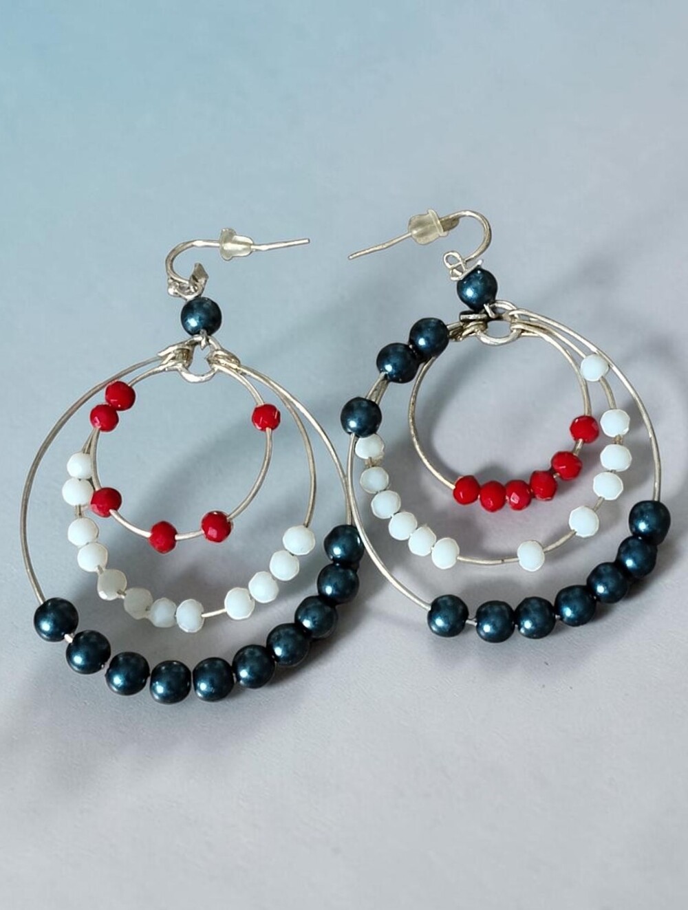 Triple Hoop Beaded Earrings — Navy, White & Red